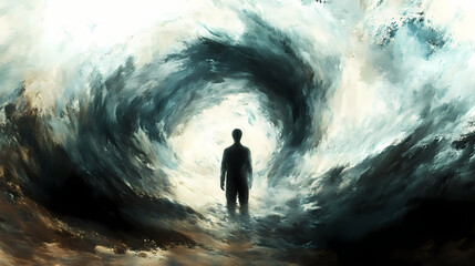 Fototapeta premium An abstract portrayal of anxiety, featuring swirling dark clouds enveloping a human figure. Surrealism. Illustration