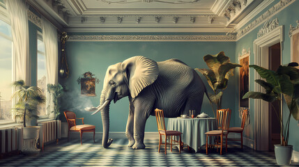 An elephant delicately drinks tea in an elegant room, with a touch of surrealism and a hint of humor. Surrealism. Illustration