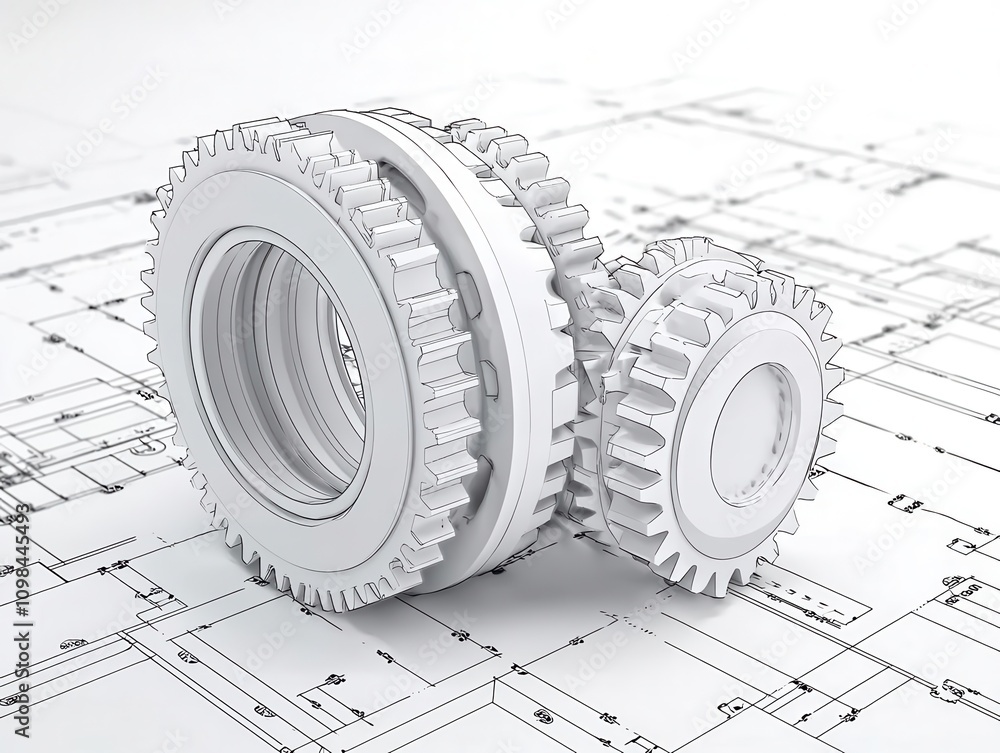 Wall mural Industrial machinery, highprecision gear blueprint, 3D illustration