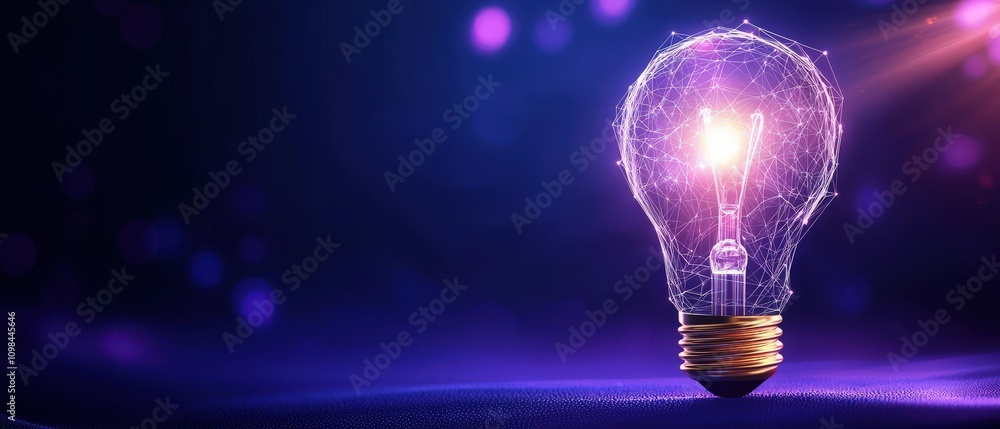 Poster a glowing light bulb illuminated against a dark background with colorful bokeh effects.