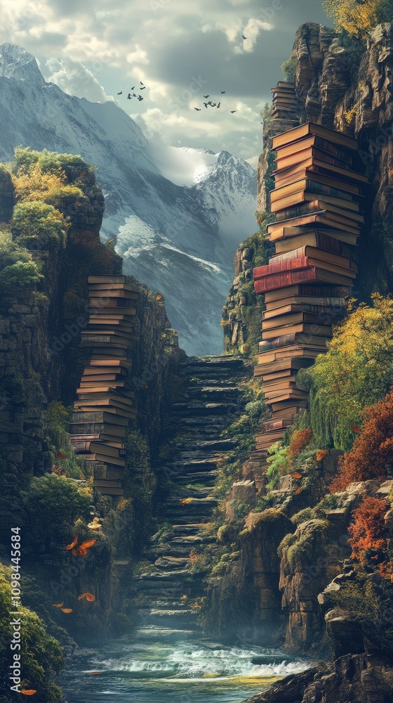 Poster a mountain range with a river running through it. the river is surrounded by a forest. there are man