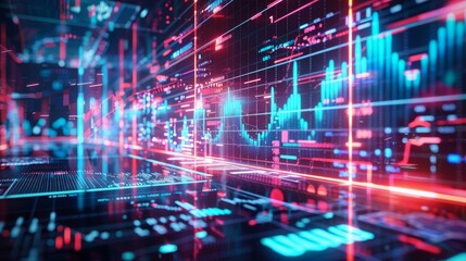 Fototapeta premium A futuristic background with holographic projections of financial data and market trends, illustrating the use of advanced technology in analyzing business earnings