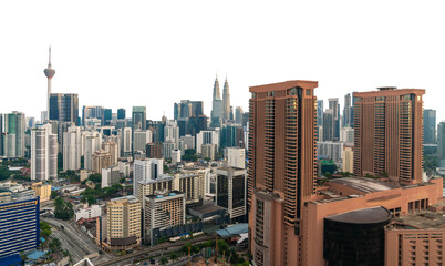 Fototapeta premium Kuala Lumpur skyline featuring modern skyscrapers, iconic towers, and urban architecture, isolated on a white background. Perfect for city templates
