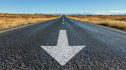 Empty asphalt road with a white arrow pointing forward, leading into the distance