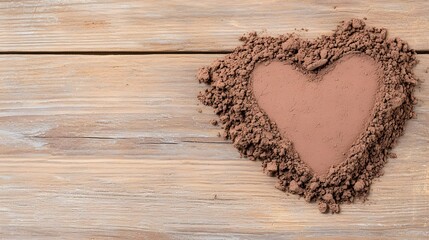 Cocoa powder arranged in a heart shape on a kitchen table with warm tones and soft lighting