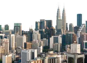 Kuala Lumpur skyline featuring iconic modern towers and urban architecture, isolated on a clean white background. Concept of cityscape template