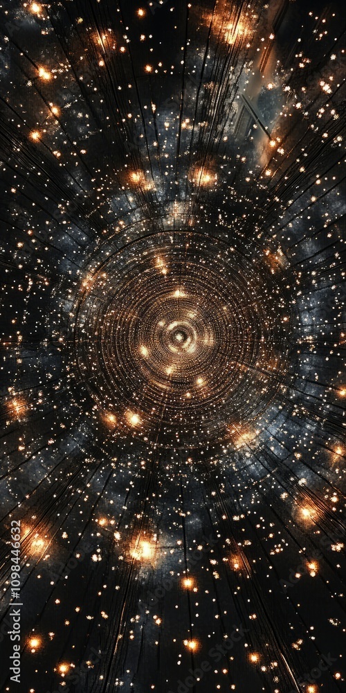Poster a captivating view of a cosmic light tunnel filled with glowing stars and galactic patterns, forming
