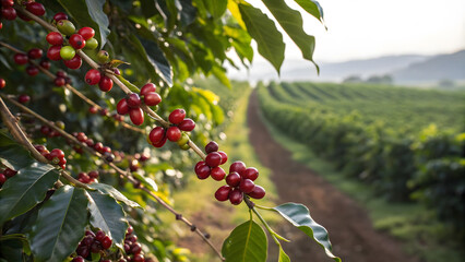 close up of glistening red coffee cherries hanging from branch, surrounded by lush green leaves, with scenic coffee plantation in background