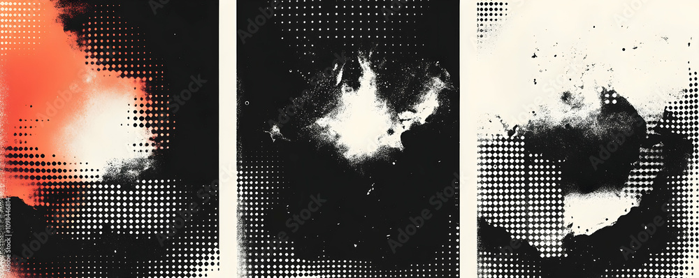 Poster abstract triptych: grunge textures with halftone dots and splashes of color
