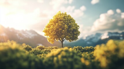 Obraz premium A hyper-detailed single tree standing tall amidst dense green bushes, lit by beautiful midday sunlight.