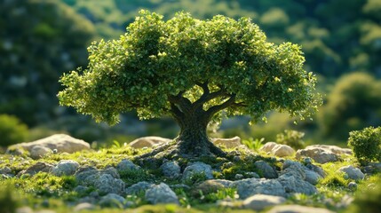 A hyper-detailed tree surrounded by rich greenery under warm sunlight, creating an idyllic natural setting.