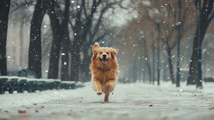 Happy dog running at snow in winter snowy day composition background 