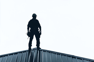 Minimalist logo of a man in a roof, installer, repairer, isolated on white background.