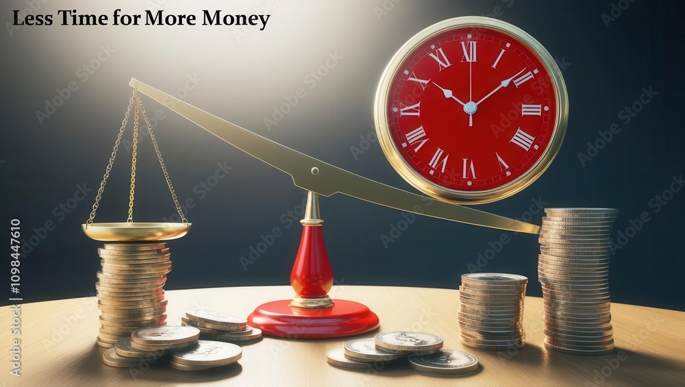 Poster a balance scale with coins on one side and a red clock on the other symbolizes the concept of managi