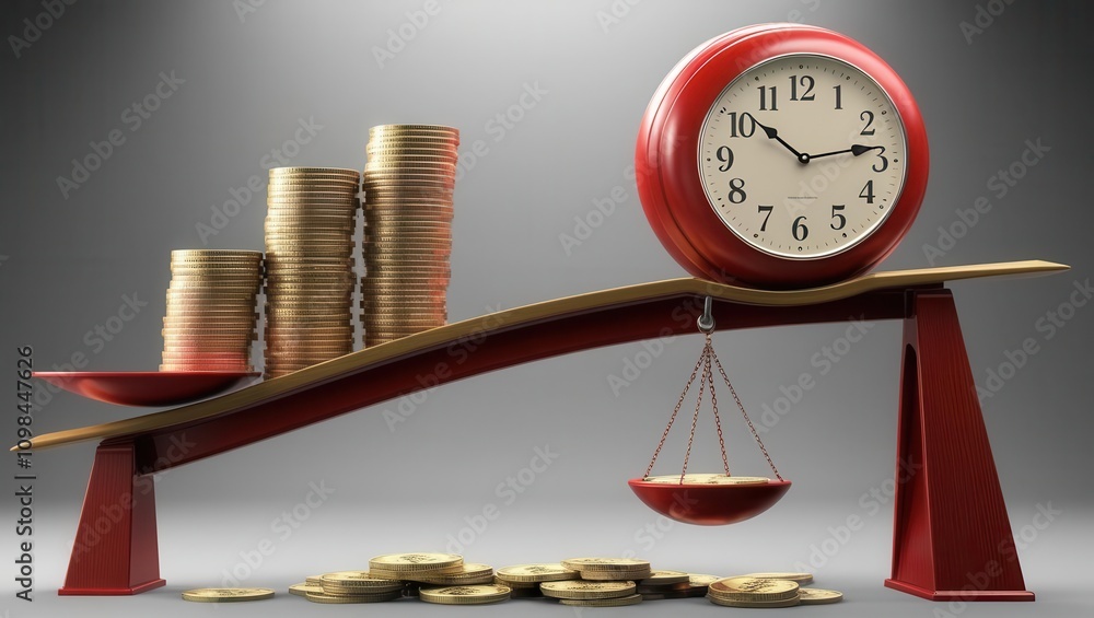 Poster a clock balances on a scale with stacks of coins, symbolizing the relationship between time and mone