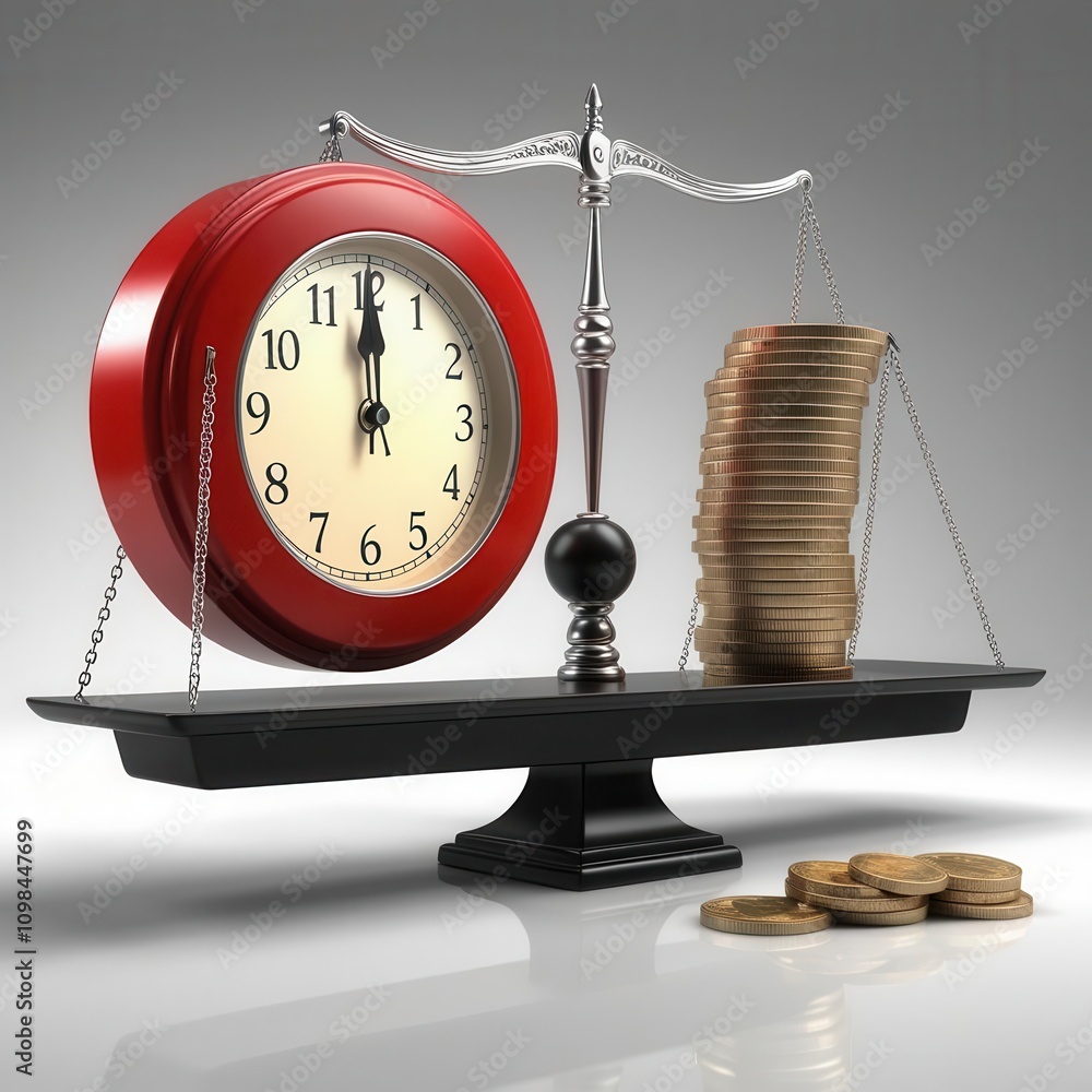 Poster a clock and a stack of coins balance on a scale, symbolizing the relationship between time and money