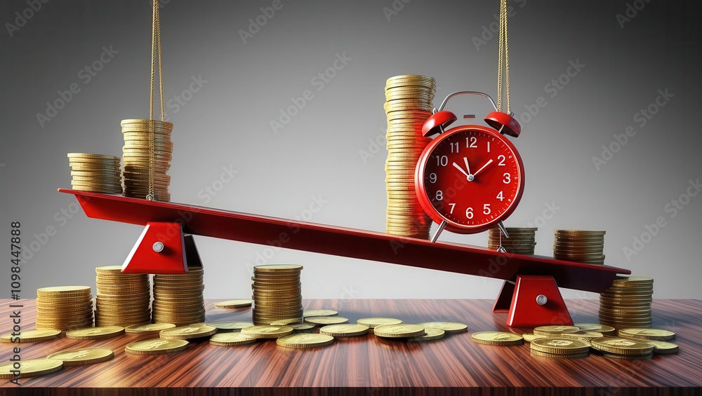 Poster a red clock balances on a scale with stacks of gold coins, symbolizing the relationship between time