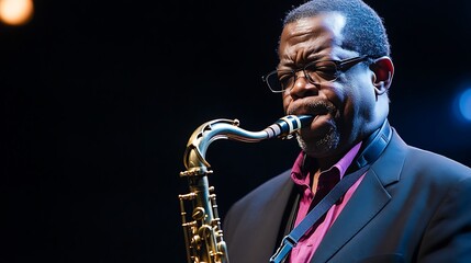 Naklejka premium A musician passionately plays the saxophone on stage, showcasing talent and artistry.