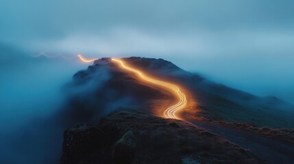 Winding road illuminated light trails
