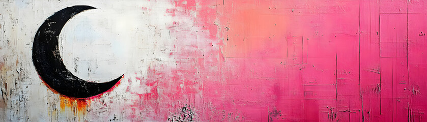 Obraz premium Abstract Pink and White Textured Canvas with Black Crescent Moon Illustration