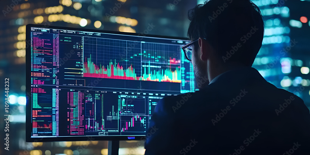 Poster nighttime data analyst: a focused businessman analyzes data on a large monitor, illuminated by the g