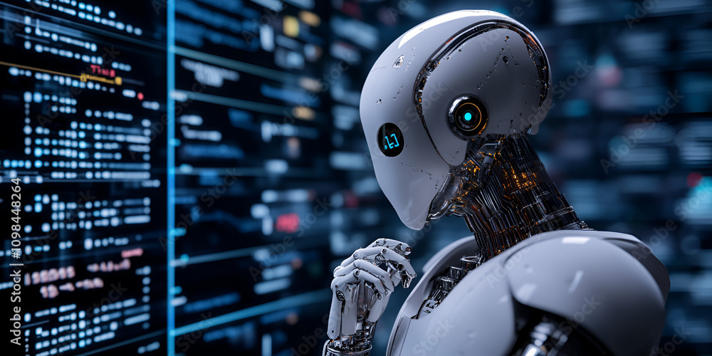 Poster ai contemplation: futuristic robot analyzes data stream