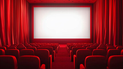 Obraz premium Cinema room with blank screen and empty space. Red seats and curtains. Concept of leisure, entertainment, cinema and theater.
