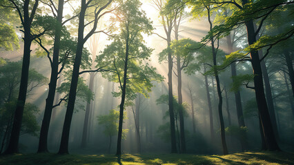 forest background with tall trees and sunlight filtering through leaves,  outdoors,  woodsy,  greenery