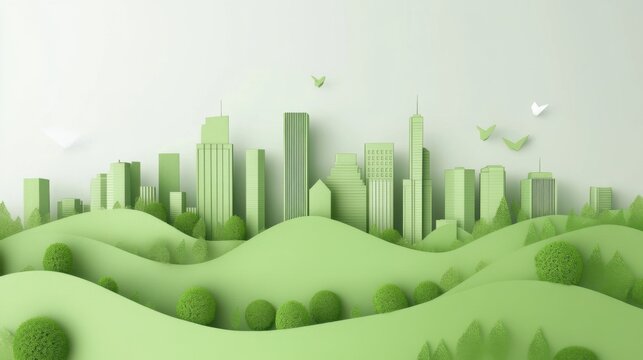 Fototapeta A conceptual illustration of a green city skyline with integrated vertical gardens and solar panel-clad skyscrapers, symbolizing urban sustainability and renewable energy adoption, minimalist style