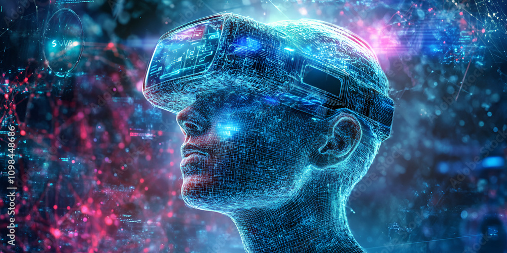 Poster digital transcendence: a mesmerizing portrait of a person immersed in virtual reality, their form di