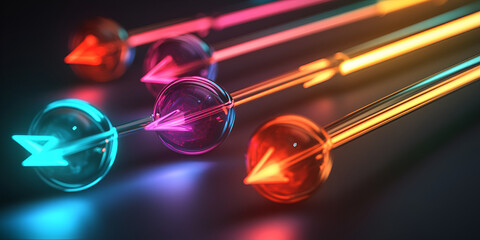 Neon Arrows of Progress: A mesmerizing 3D rendering of vibrant, glowing arrows, symbolizing forward momentum, aspiration, and the pursuit of goals. The arrows, in a spectrum of neon hues.