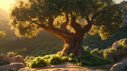 Fototapeta premium A hyper-realistic solitary tree with bright green bushes beneath its shade, glowing under the sunlit sky.