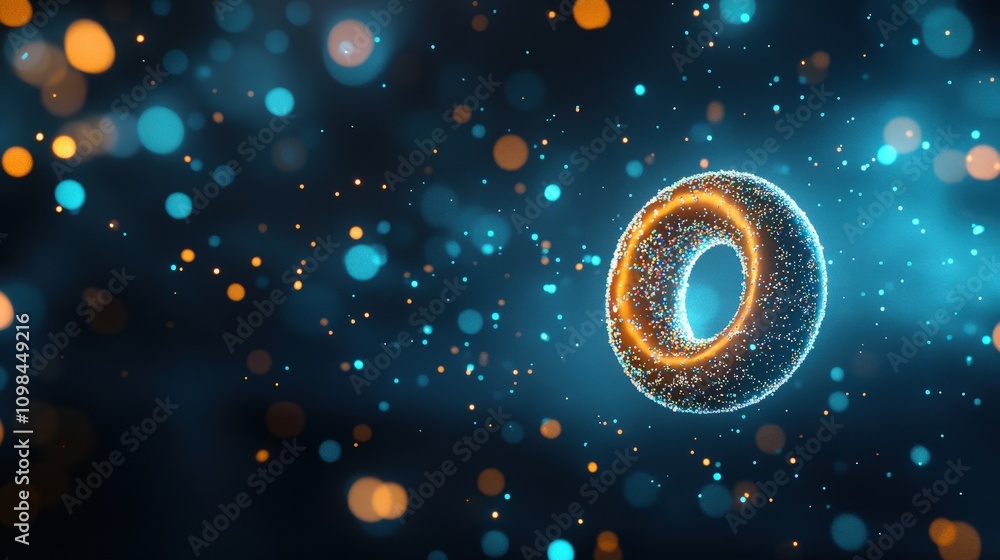 Poster a vibrant abstract representation of a digital particle with glowing effects.