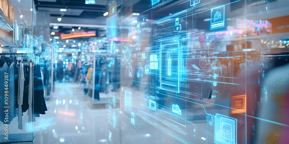 Poster future of retail: immersive digital overlay transforms a modern retail space, showcasing the potenti