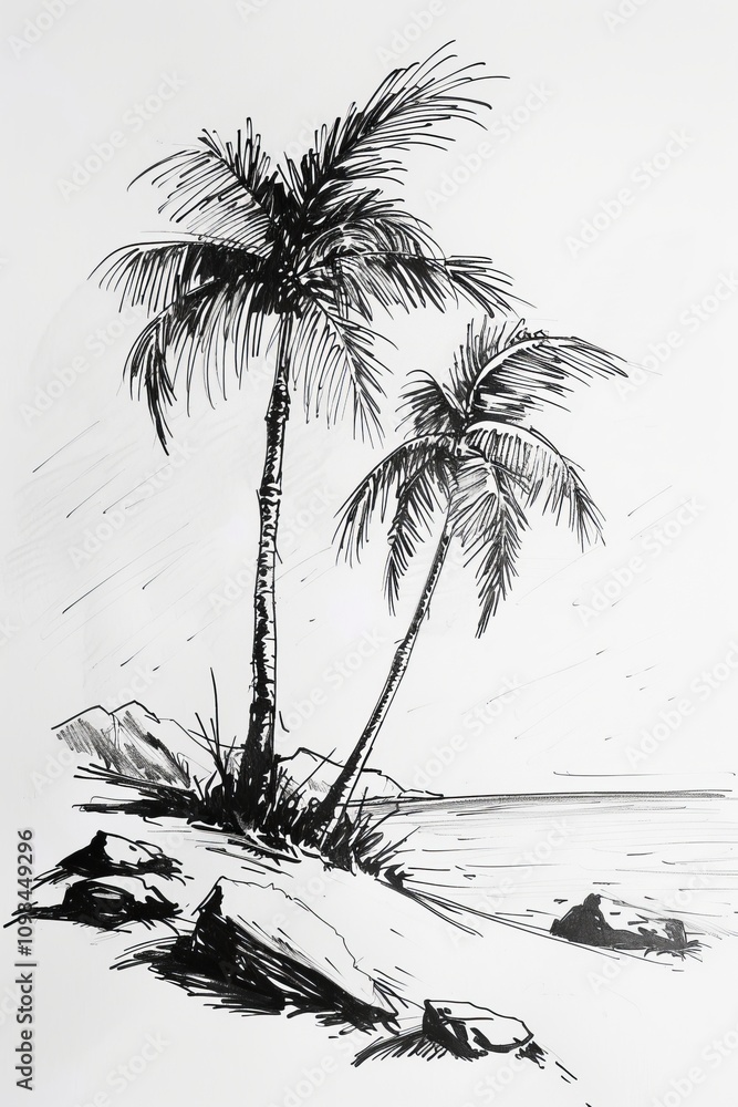 Poster a drawing of two palm trees by the ocean. the trees are tall and the ocean is calm