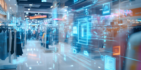Future of Retail: Immersive digital overlay transforms a modern retail space, showcasing the potential of augmented reality in retail.  Interactive displays blend seamlessly with physical products.