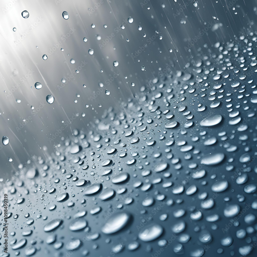 Poster a stunning close-up of water droplets on a smooth surface, reflecting light and creating a tranquil 