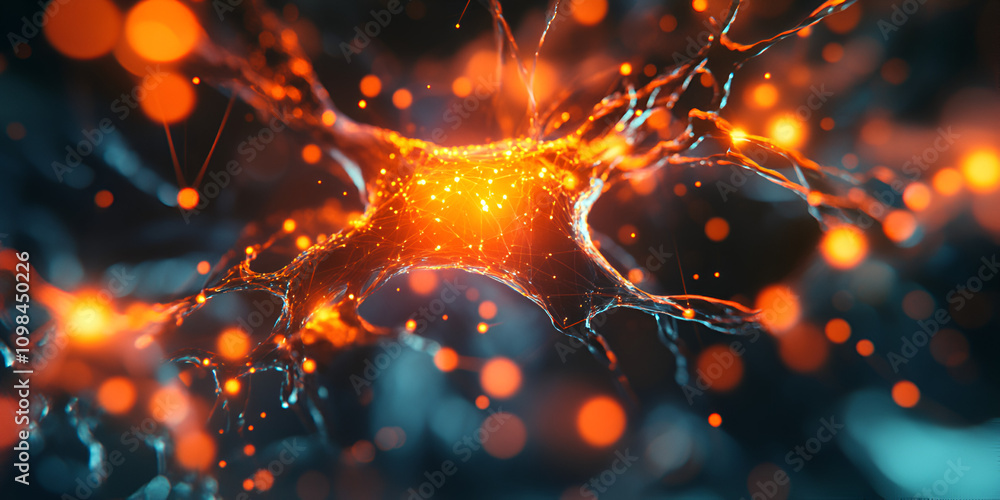 Poster neural network ignition: abstract close-up of a vibrant, glowing neuron, its intricate branches radi