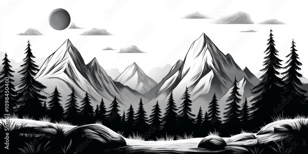 Poster a mountain range with a large mountain in the background. there are trees in the foreground and a bo