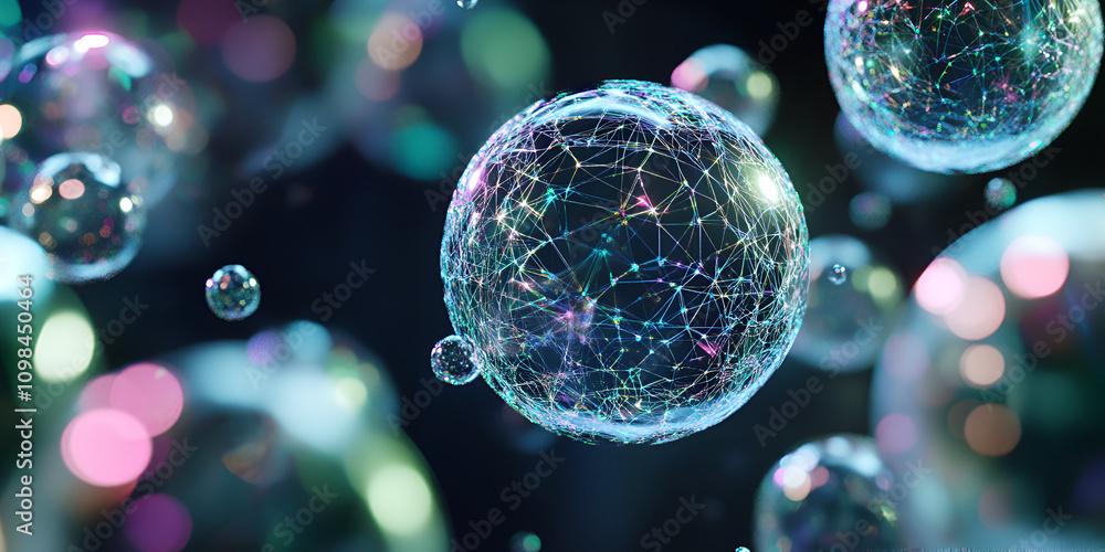 Poster interconnected bubbles: abstract network of glowing spheres in vibrant teal and purple hues, creatin