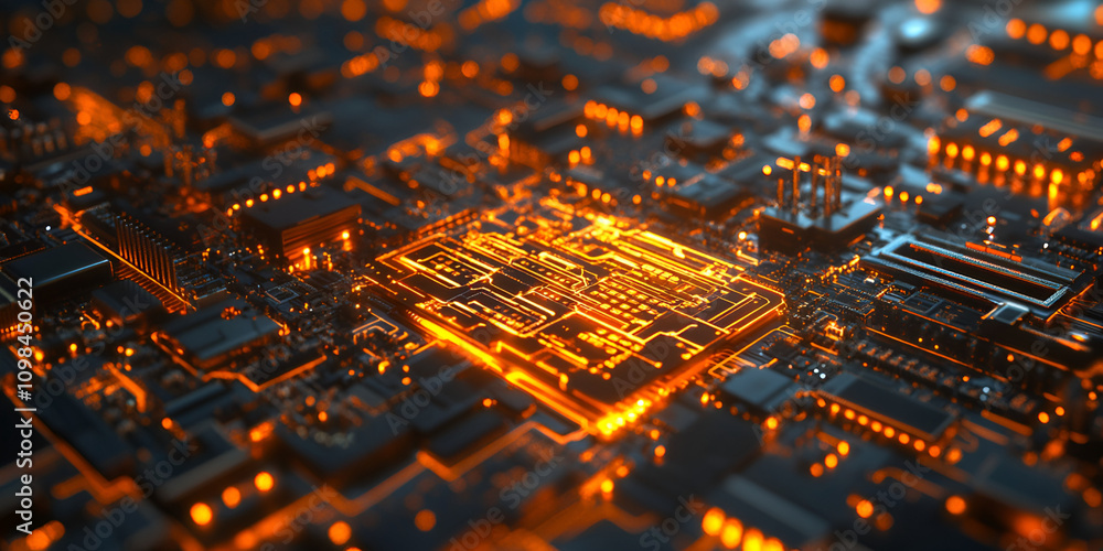 Aufkleber circuitry glow: a mesmerizing close-up of a glowing circuit board, showcasing the intricate pathways