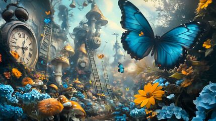 A fantastic landscape with surreal ladders , clocks, magic mushrooms. blue butterflies fly over beautiful flowers. the hands hold the potion and the key. go to wonderland. Surrealism. Illustration