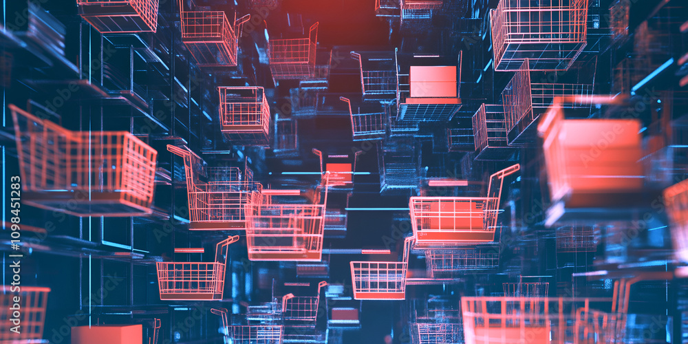 Poster shopping cart vortex: a captivating abstract image of a swirling vortex of shopping carts, rendered 