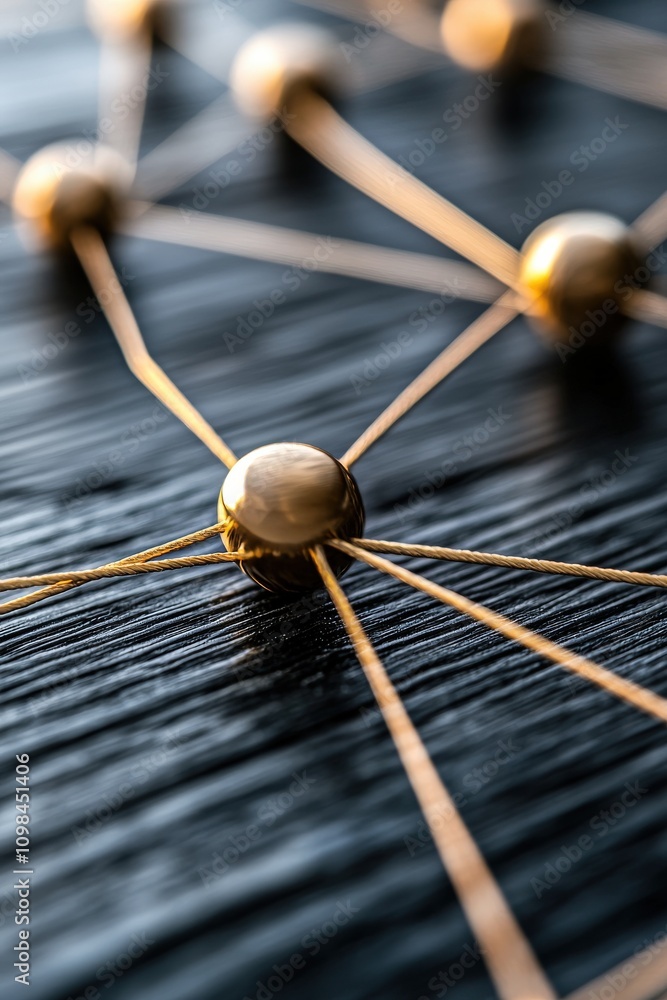 Poster abstract network connection with golden nodes on a dark wooden surface.