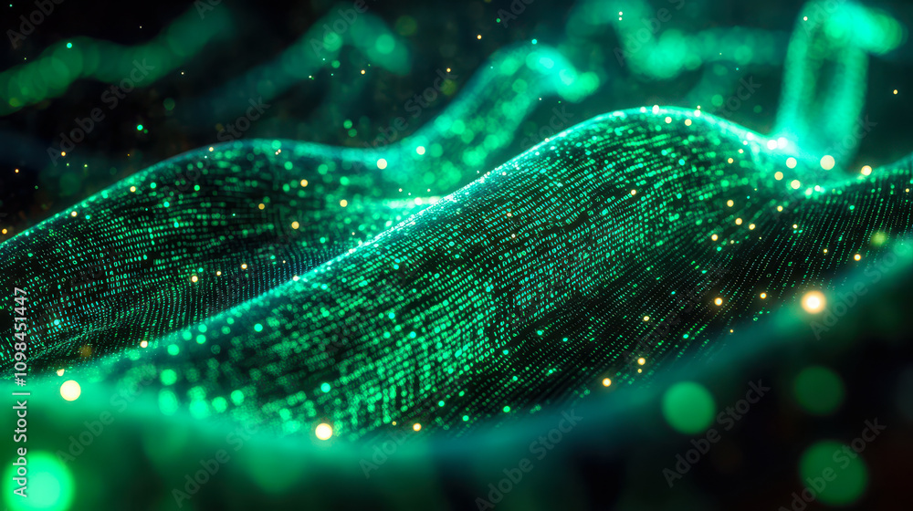 Poster digital cable emerging from glowing green matrix of binary code on black background