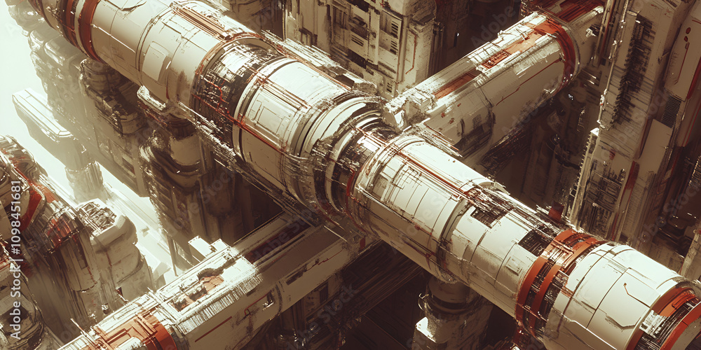 Poster sci-fi cityscape: a complex network of futuristic pipes and structures intertwine, creating a mesmer
