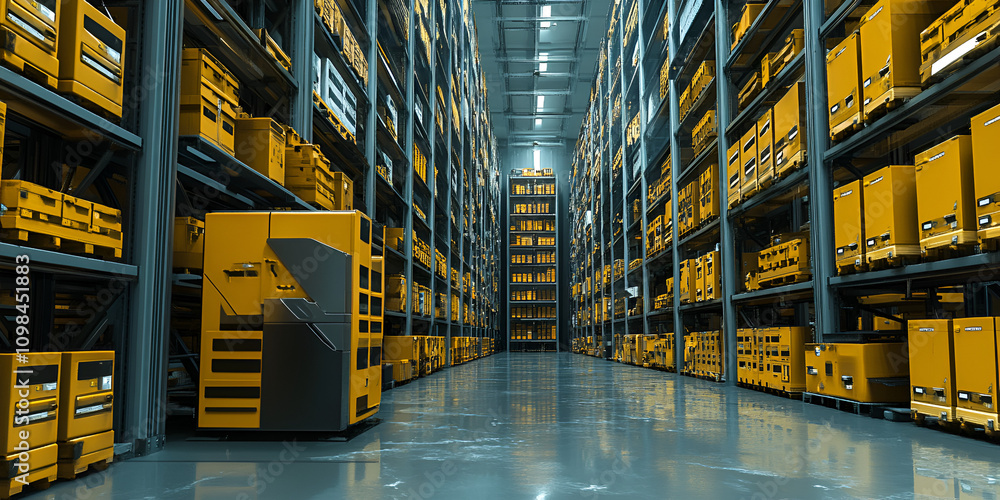 Poster warehouse inventory management: rows of neatly stacked yellow boxes fill a spacious warehouse, showc
