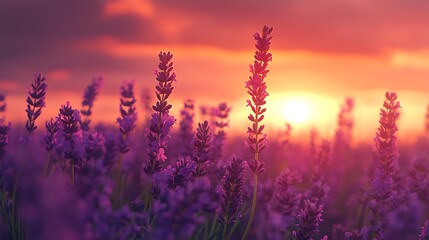 A serene lavender field at sunset, showcasing vibrant colors and natural beauty.