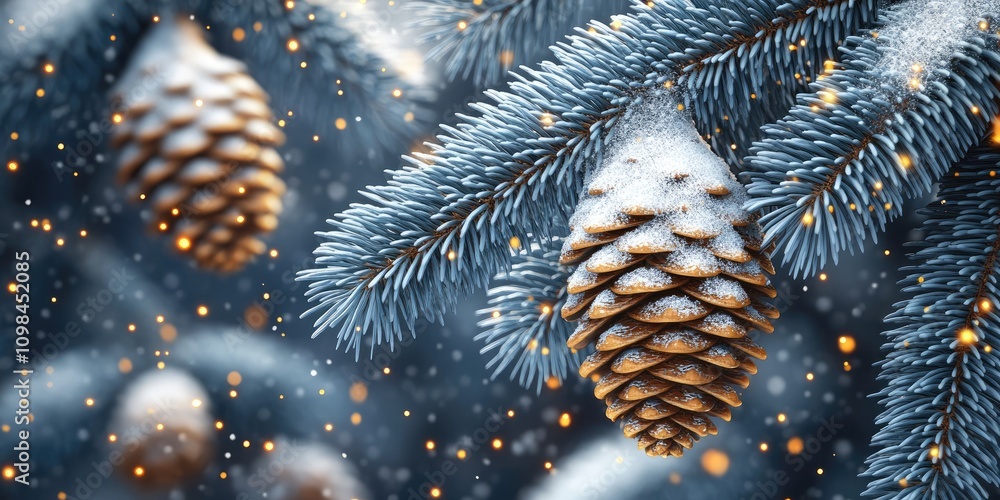 Poster frost-covered pinecones dangle gracefully from snow-laden branches, illuminated by warm, shimmering 