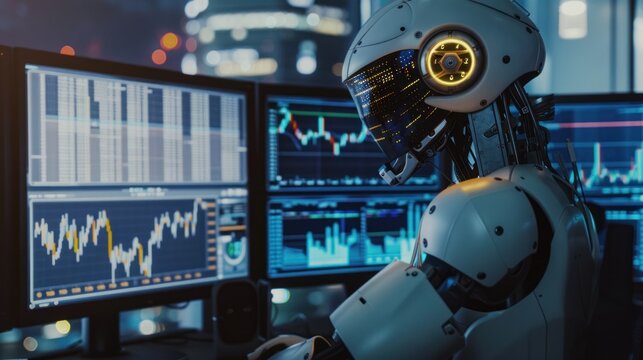 Photo of a humanoid robot in cyberpunk clothing, closely analyzing stock market charts on multiple monitors on an office desk. The background